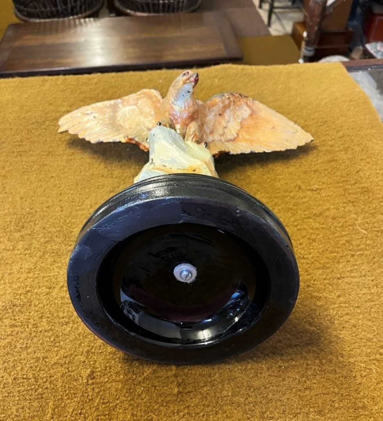 Vintage Cold Painted Cast Brass Eagle Figure On Heavy Ceramic Base