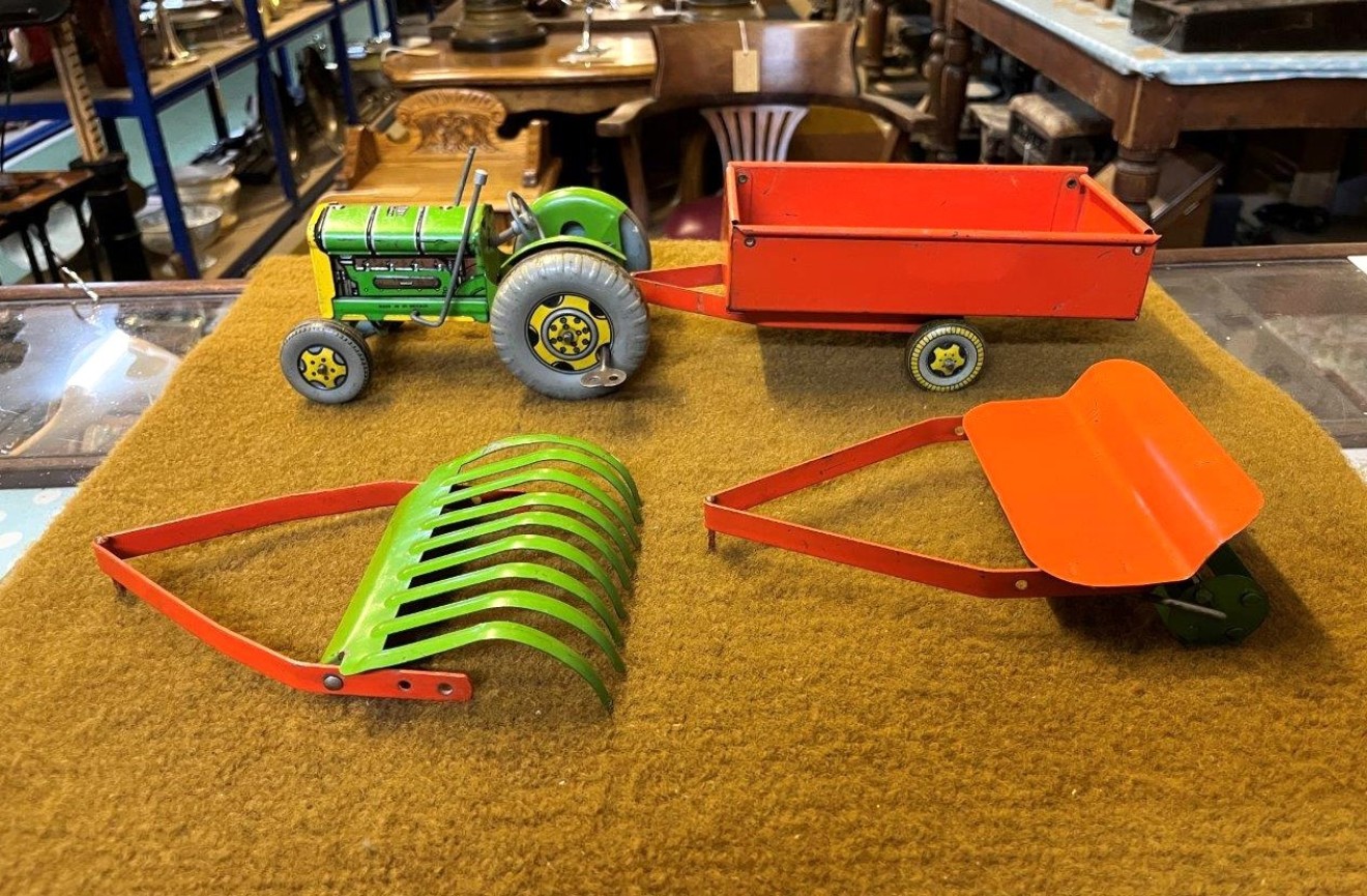 Vintage Mettoy Clockwork Tractor with Tipping Trailer, Mowing Machine and Hay Rake