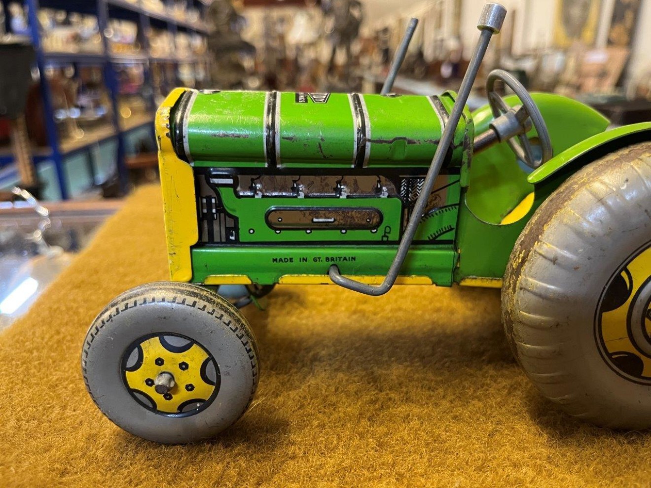 Vintage Mettoy Clockwork Tractor with Tipping Trailer, Mowing Machine and Hay Rake