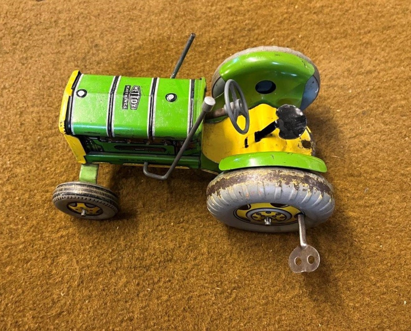 Vintage Mettoy Clockwork Tractor with Tipping Trailer, Mowing Machine and Hay Rake