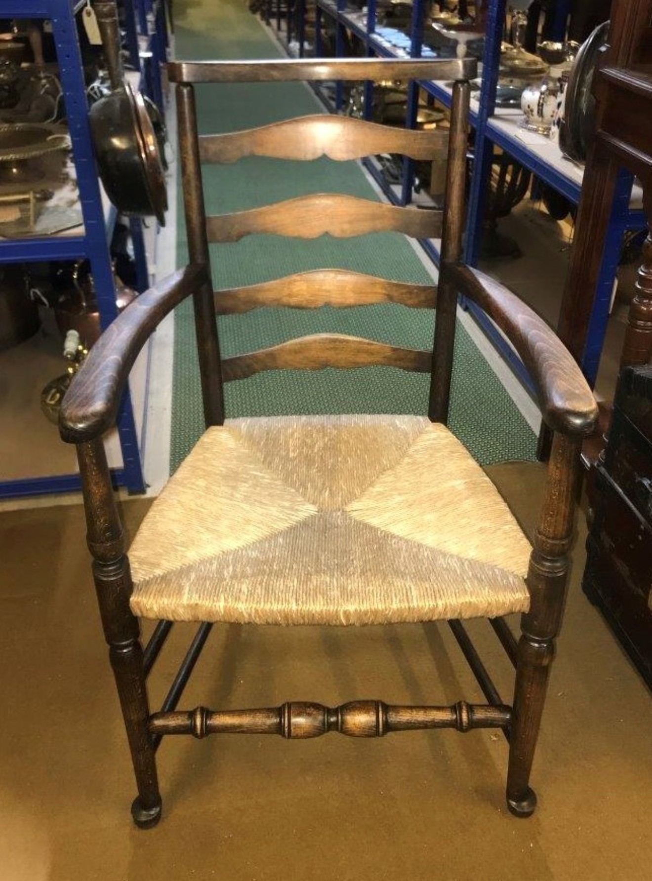 Antique Pair of Oak Ladderback Chairs with Rush Seats