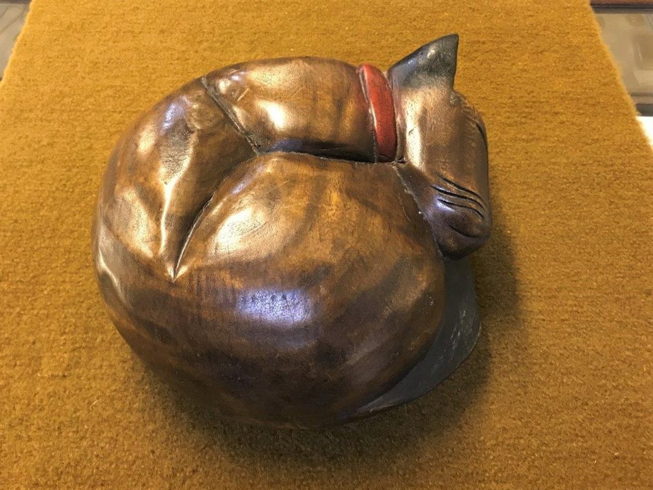 Wooden Carved Sleeping Cat Figure