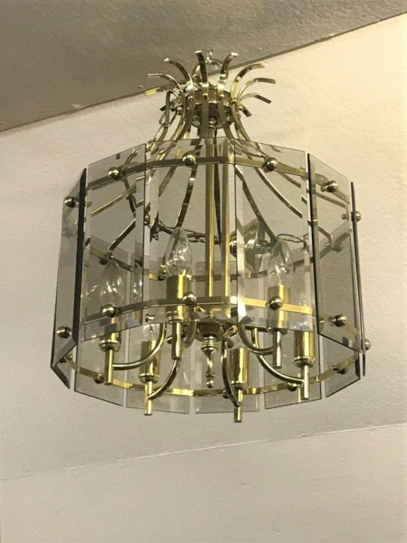 Mid 20th Century Brass and Smoked Glass Panel Chandelier