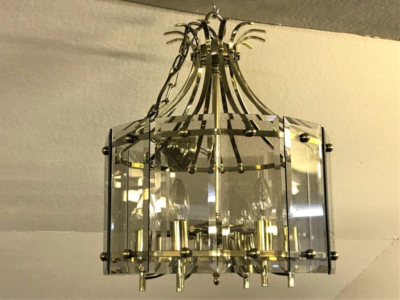 Mid 20th Century Brass and Smoked Glass Panel Chandelier