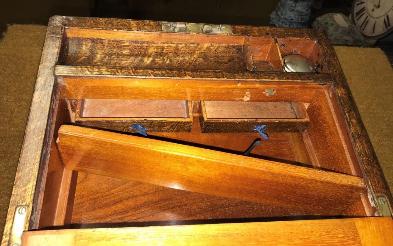 Antique Tiger Oak Writing Slope c/w Inkwell, Original Bramah Lock and Secret Drawers