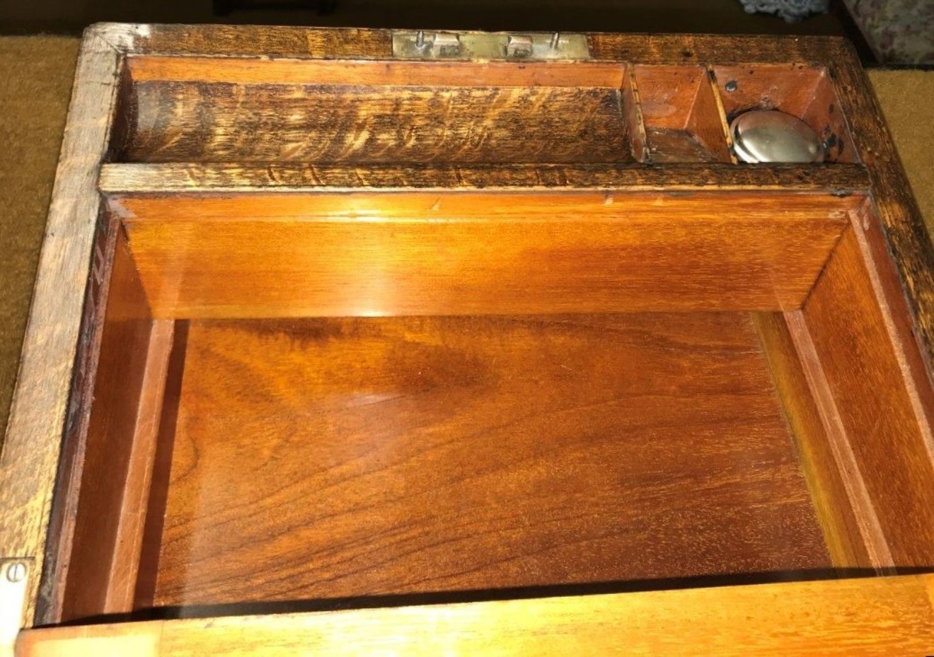 Antique Tiger Oak Writing Slope c/w Inkwell, Original Bramah Lock and Secret Drawers
