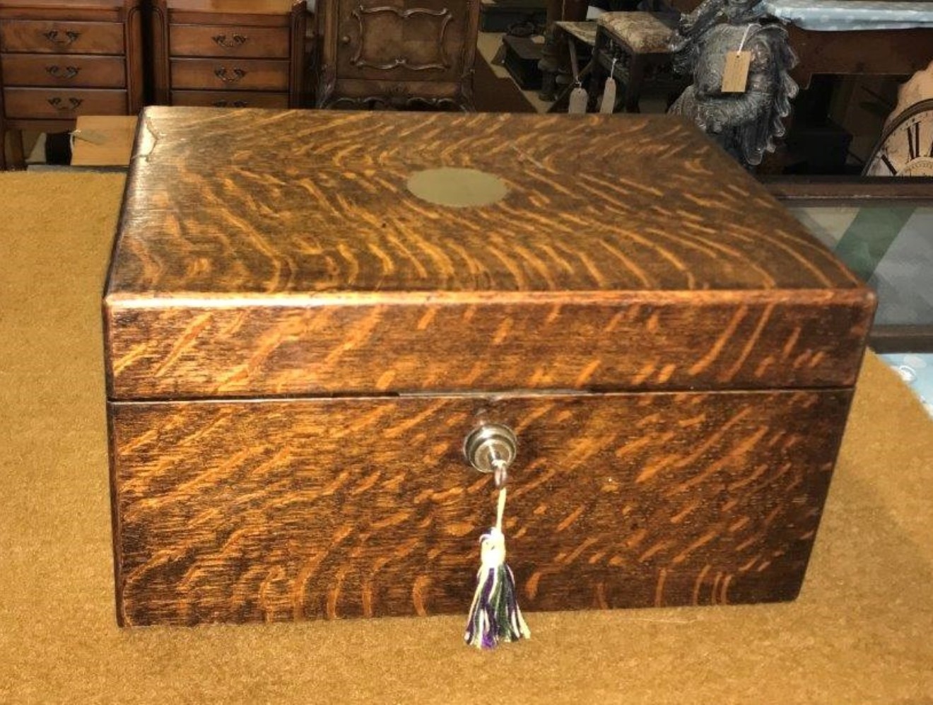 Antique Tiger Oak Writing Slope c/w Inkwell, Original Bramah Lock and Secret Drawers