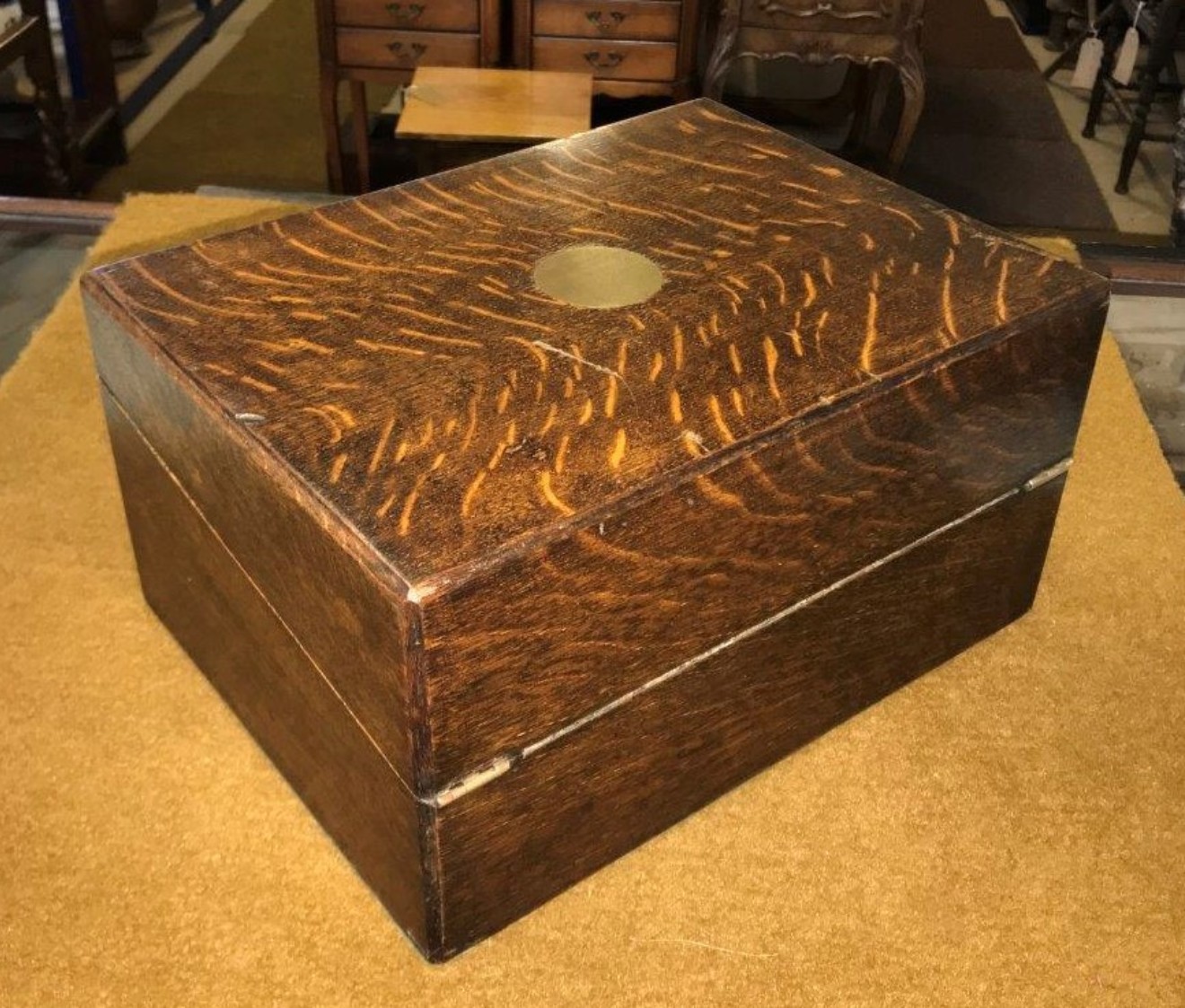 Antique Tiger Oak Writing Slope c/w Inkwell, Original Bramah Lock and Secret Drawers