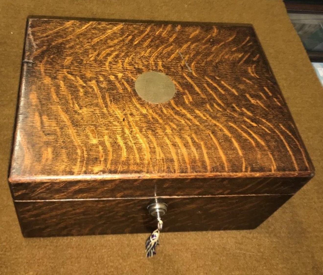 Antique Tiger Oak Writing Slope c/w Inkwell, Original Bramah Lock and Secret Drawers