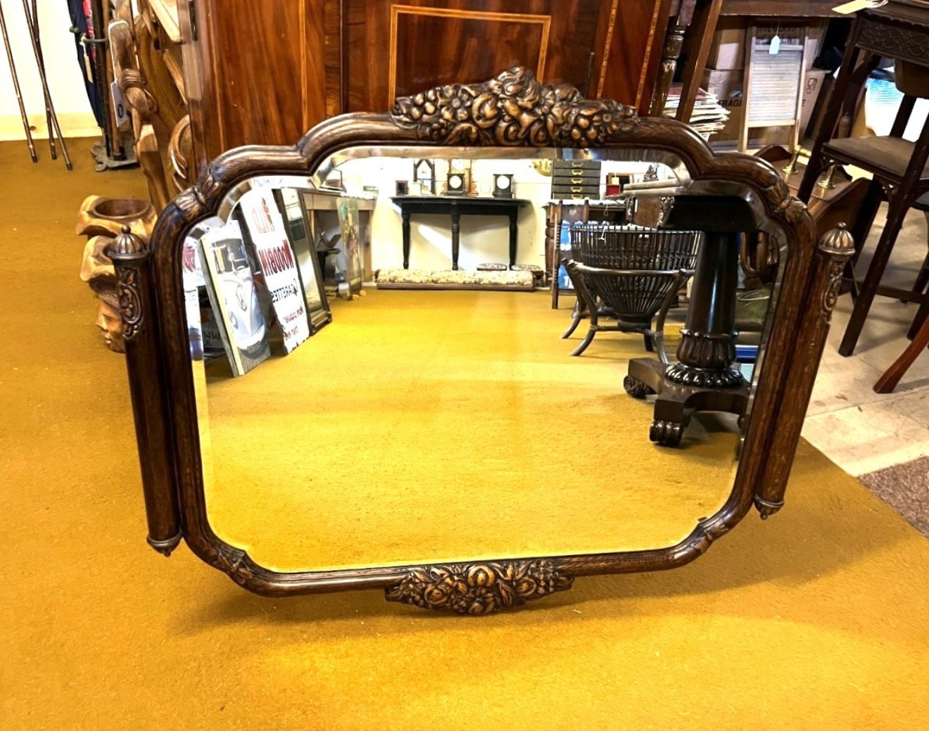 Antique Large Art Nouveau Carved Oak Wall Hanging Mirror