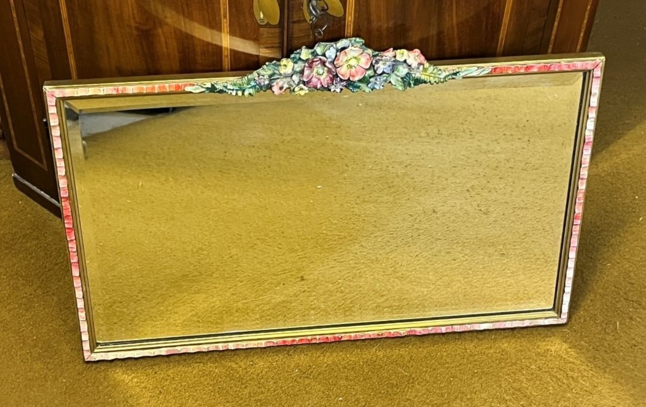 Art Deco "Barbola" Floral Design Rectangular Wall Hanging Mirror