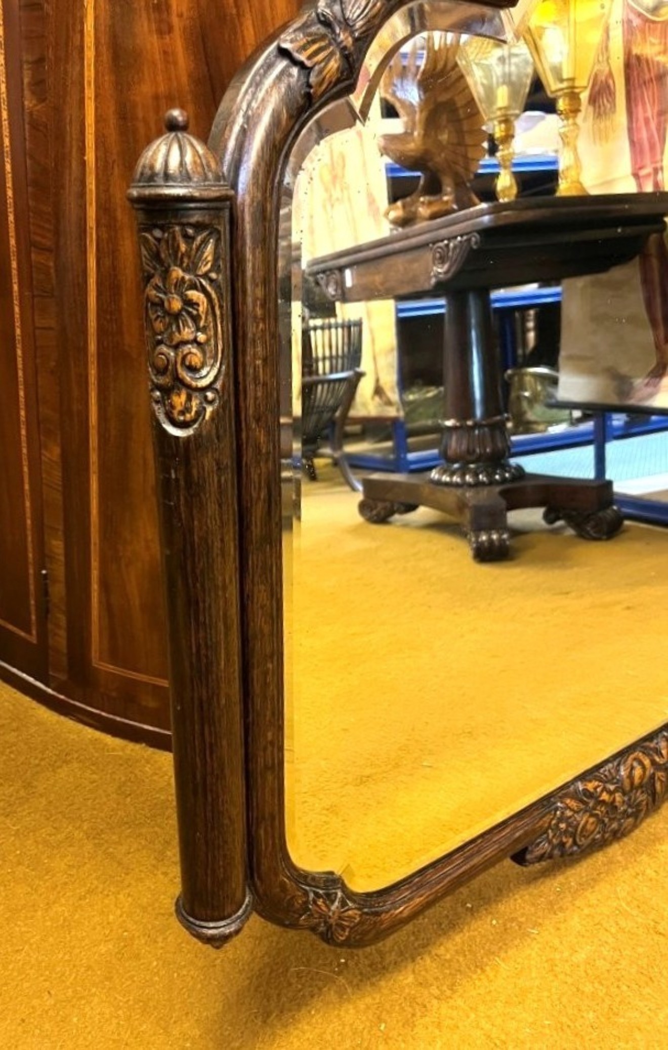 Antique Large Art Nouveau Carved Oak Wall Hanging Mirror