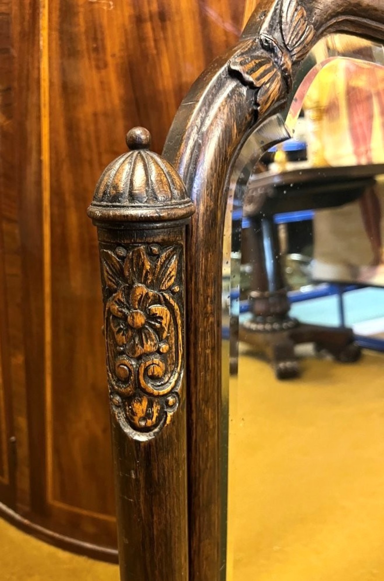 Antique Large Art Nouveau Carved Oak Wall Hanging Mirror