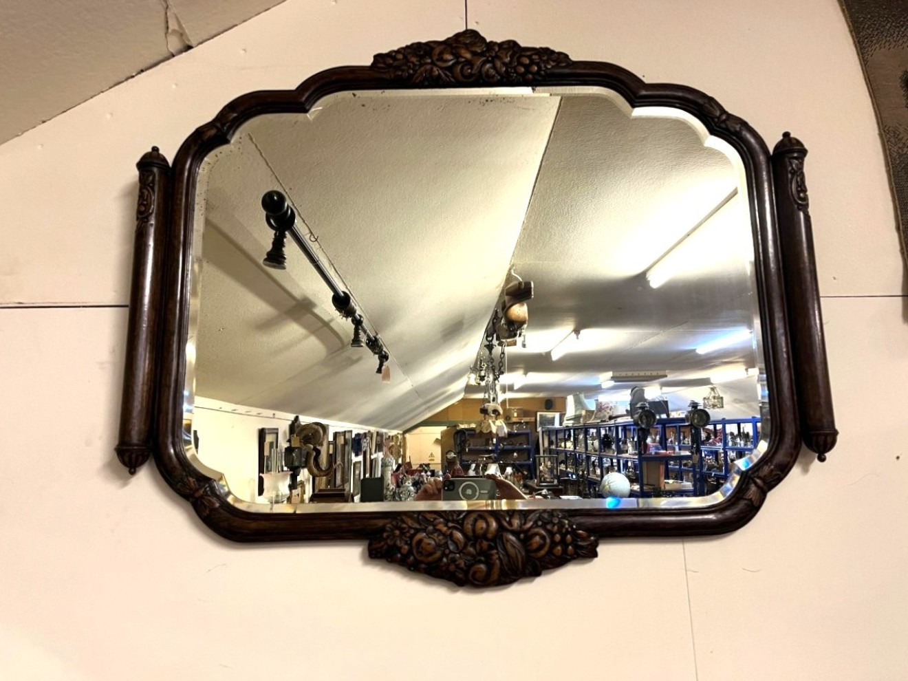 Antique Large Art Nouveau Carved Oak Wall Hanging Mirror