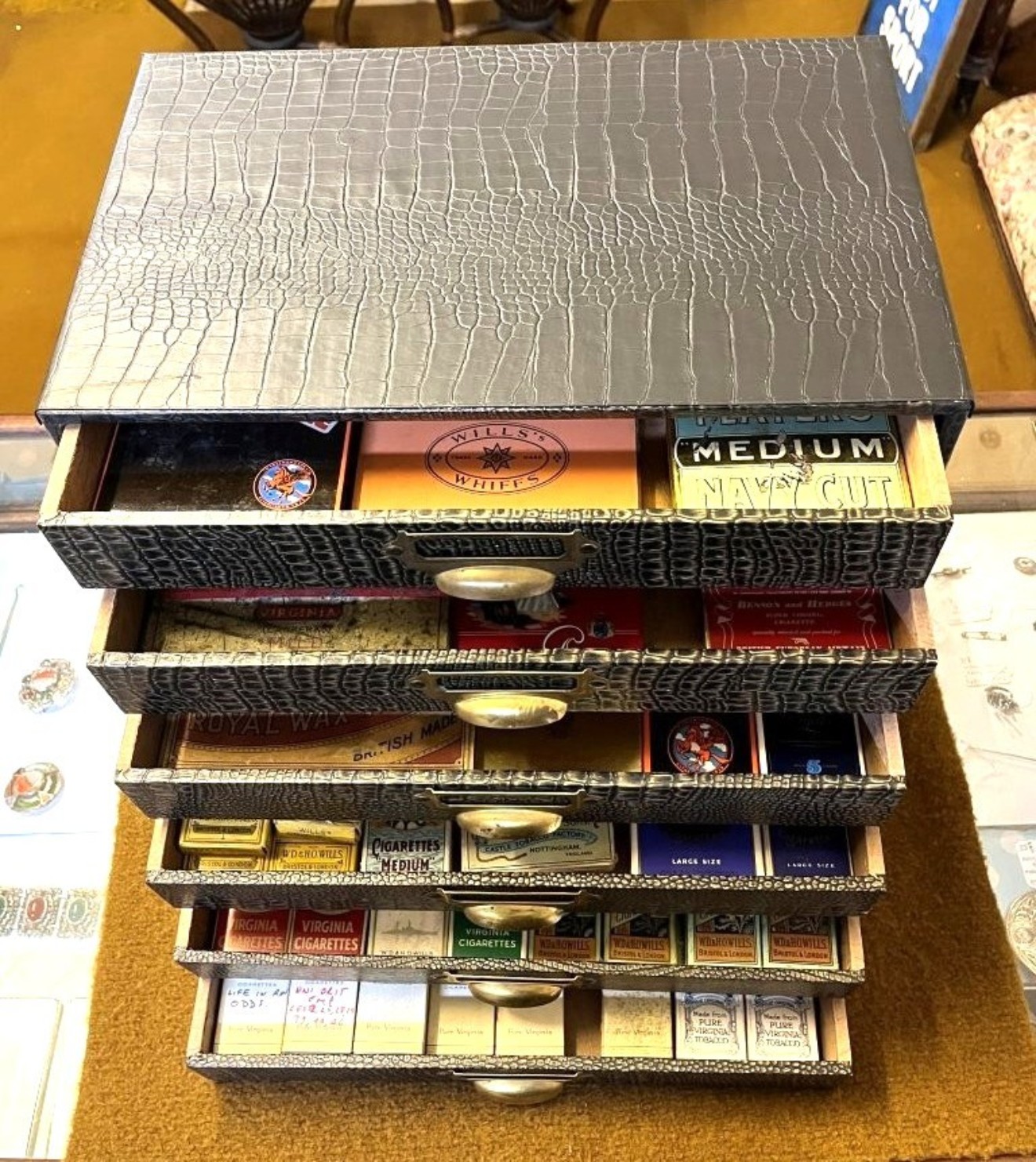 Vintage Cigarette, Cigar and Tobacco Packet / Tin Collection in Faux Alligator Skin Display Cabinet