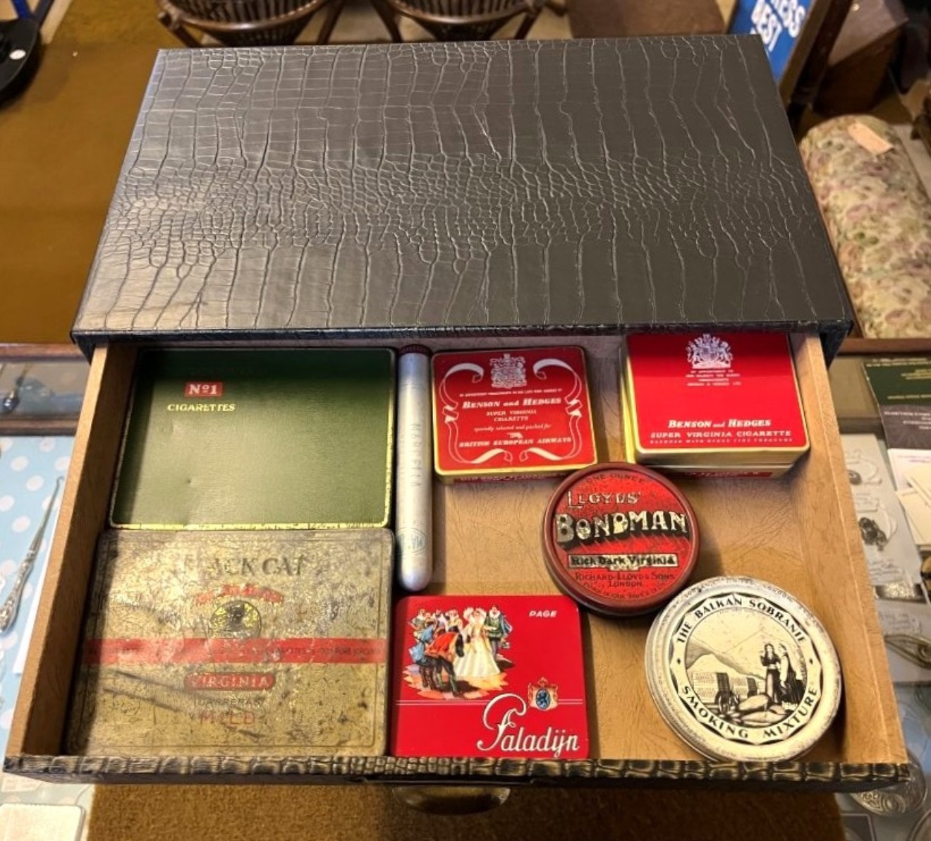Vintage Cigarette, Cigar and Tobacco Packet / Tin Collection in Faux Alligator Skin Display Cabinet