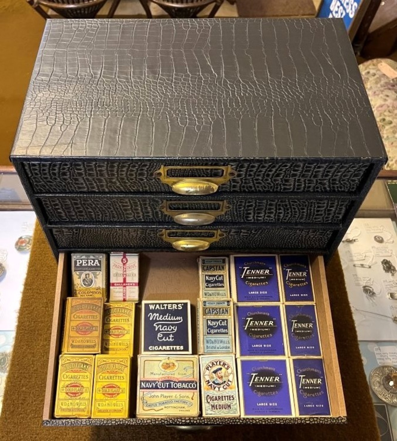 Vintage Cigarette, Cigar and Tobacco Packet / Tin Collection in Faux Alligator Skin Display Cabinet