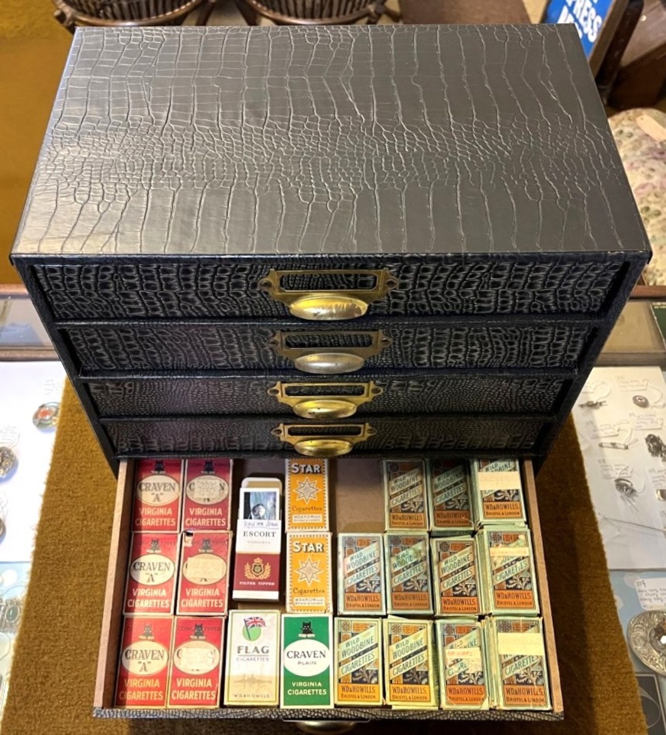 Vintage Cigarette, Cigar and Tobacco Packet / Tin Collection in Faux Alligator Skin Display Cabinet
