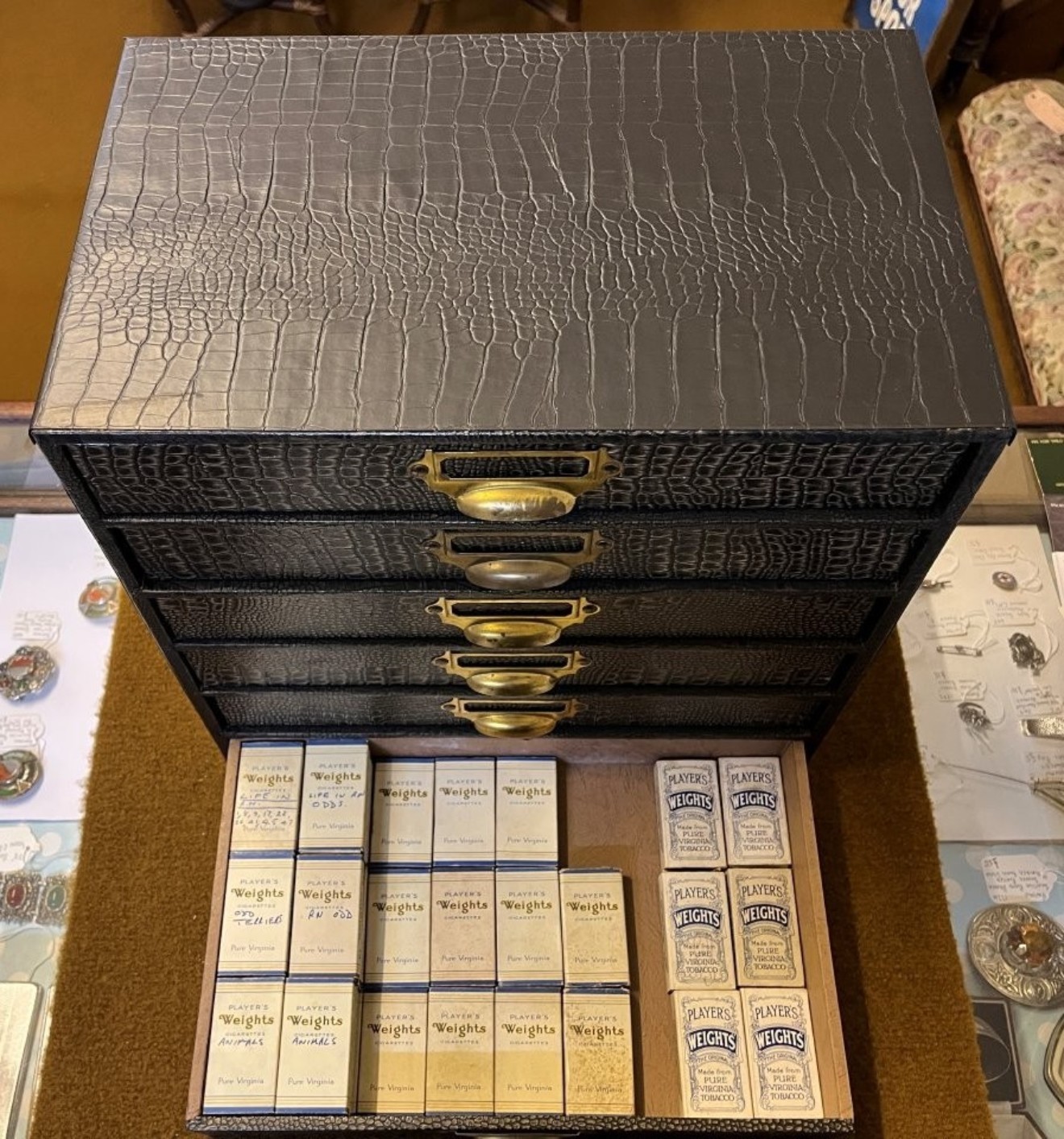 Vintage Cigarette, Cigar and Tobacco Packet / Tin Collection in Faux Alligator Skin Display Cabinet