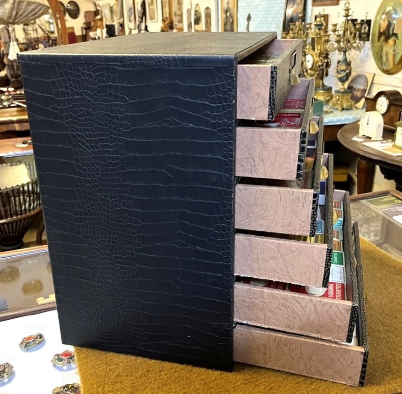 Vintage Cigarette, Cigar and Tobacco Packet / Tin Collection in Faux Alligator Skin Display Cabinet