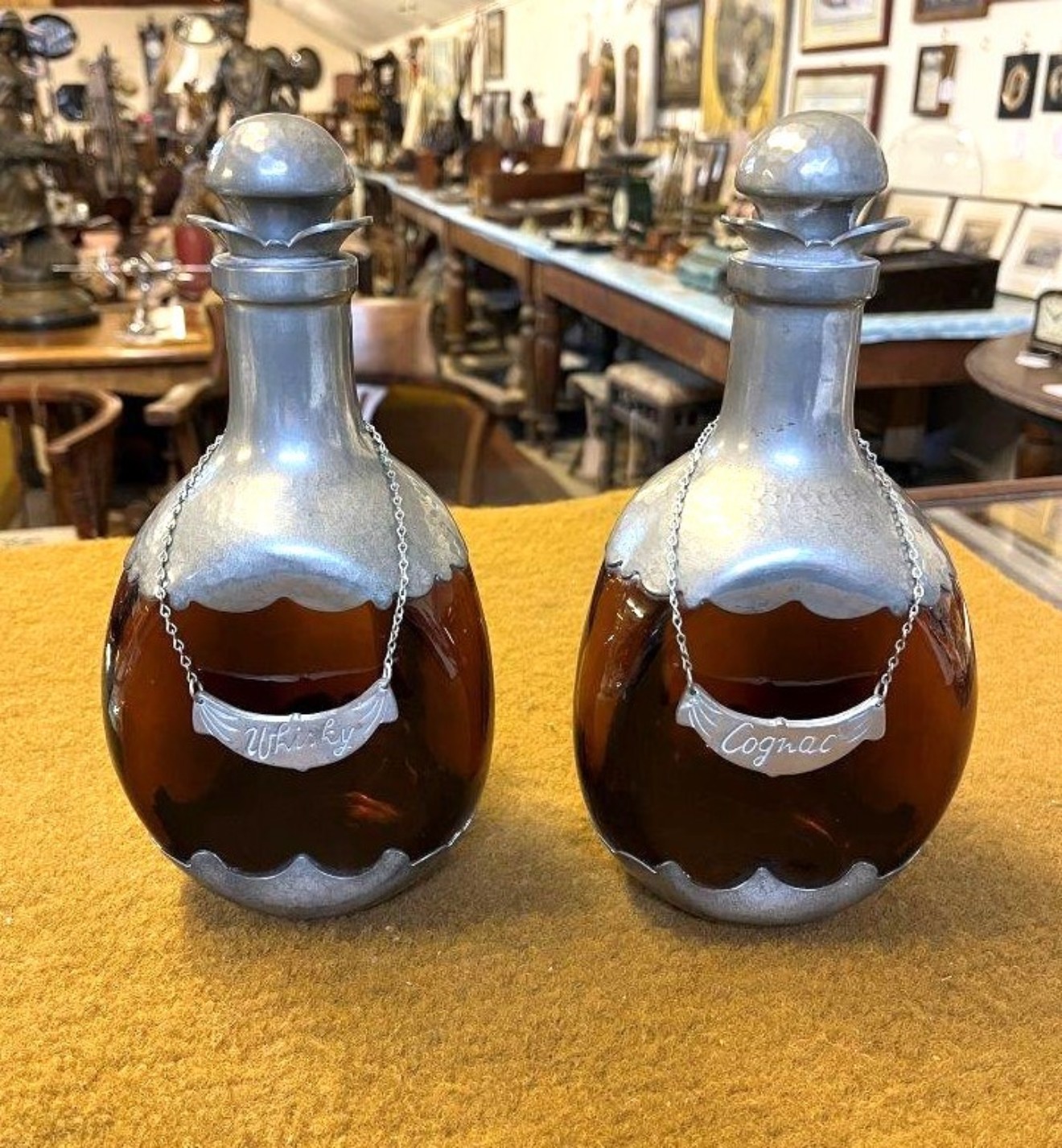 Vintage Pair of Amber Dimple Glass and Hammered Pewter Decanters with Hanging Labels for Whisky & Cognac