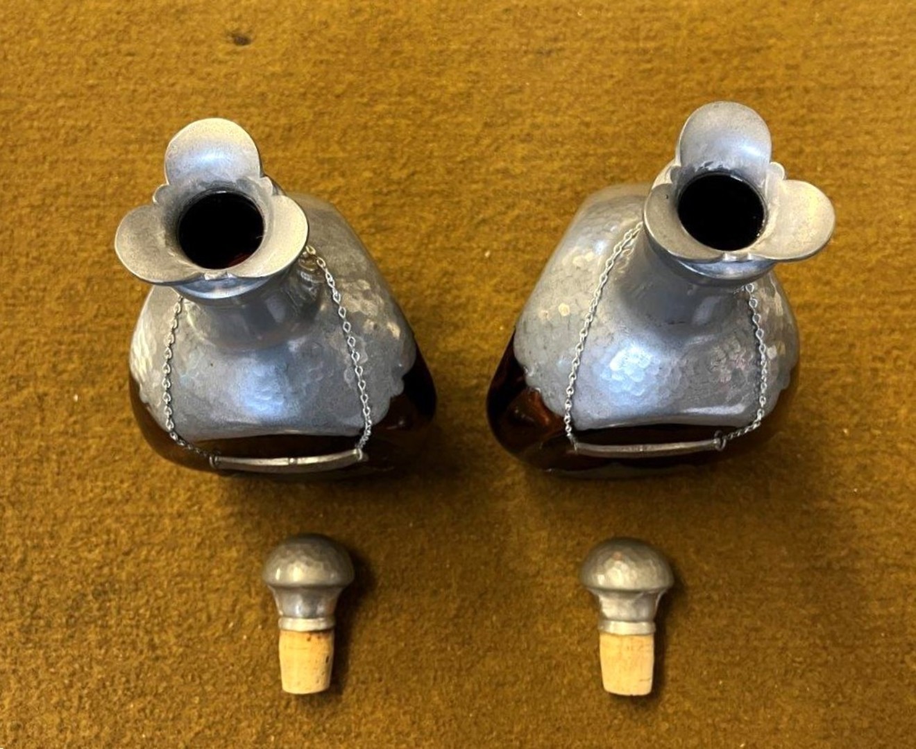 Vintage Pair of Amber Dimple Glass and Hammered Pewter Decanters with Hanging Labels for Whisky & Cognac