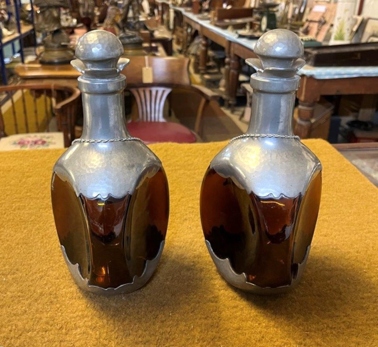 Vintage Pair of Amber Dimple Glass and Hammered Pewter Decanters with Hanging Labels for Whisky & Cognac
