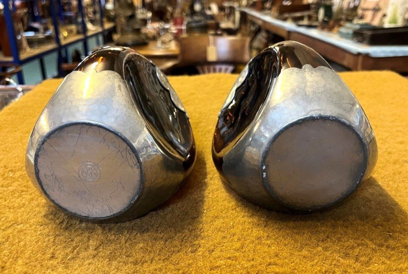 Vintage Pair of Amber Dimple Glass and Hammered Pewter Decanters with Hanging Labels for Whisky & Cognac