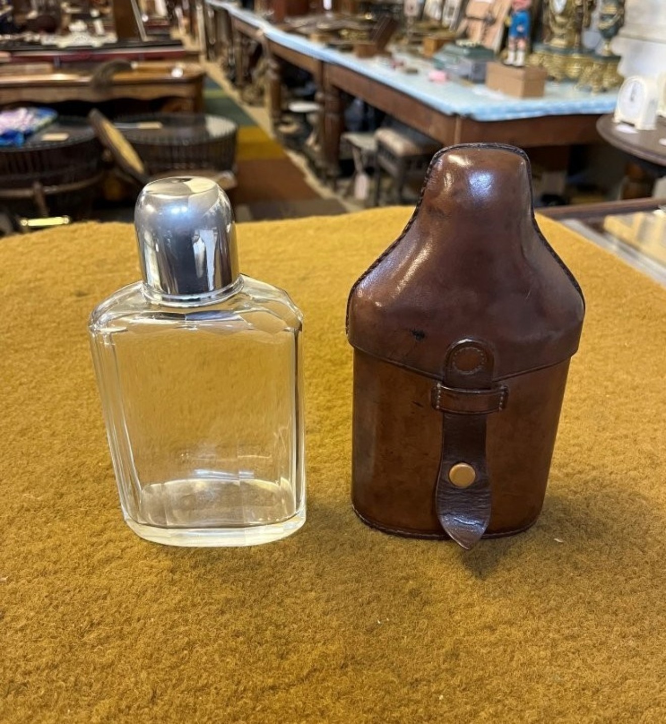 Vintage Leather Bound Cut Glass Spirit Flask with Shot Cup