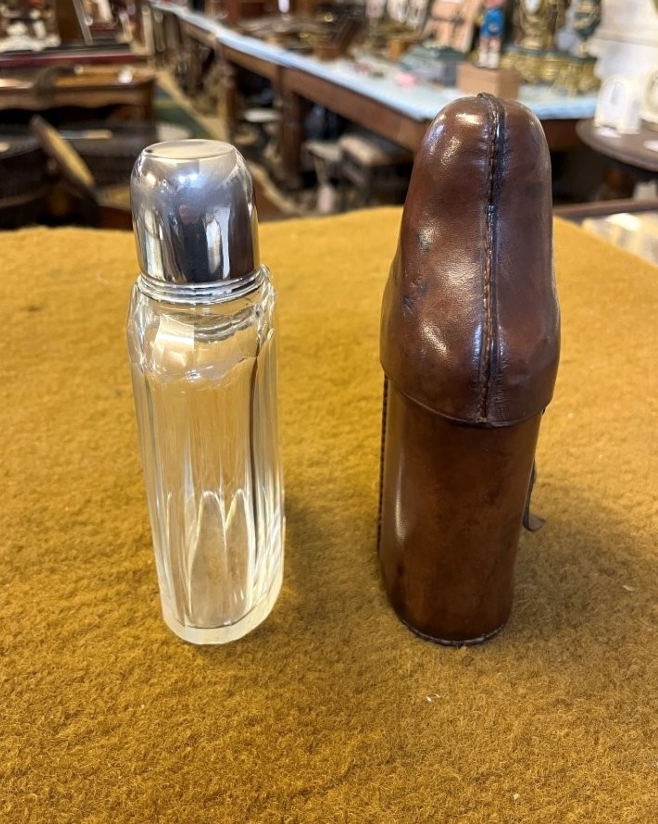 Vintage Leather Bound Cut Glass Spirit Flask with Shot Cup