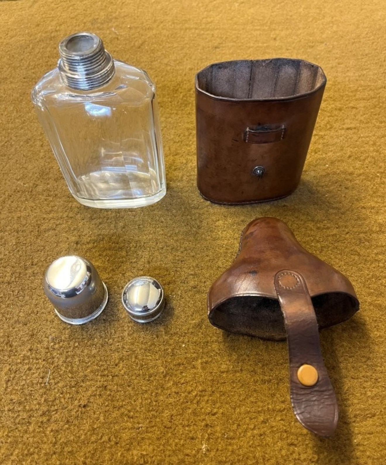Vintage Leather Bound Cut Glass Spirit Flask with Shot Cup