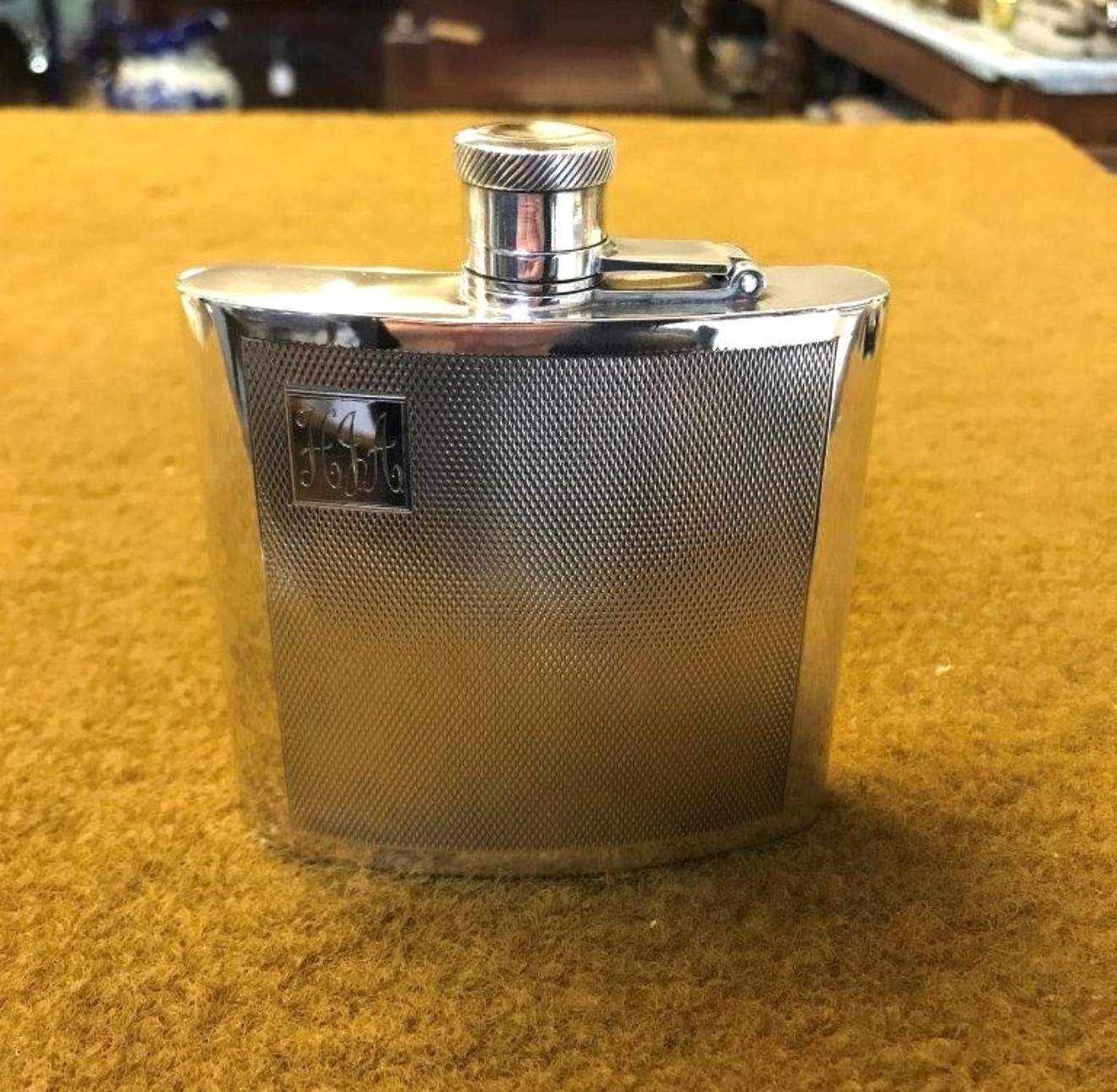 Silver Plated Engine Turned Whisky Flask Monogramed HJA