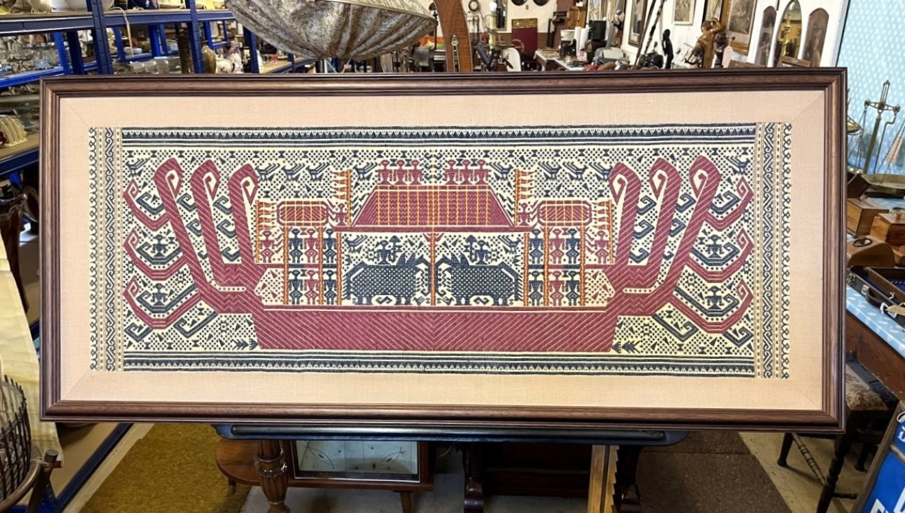 Vintage Indonesian Tampan Pasisir "Ship Cloths" Framed Tapestry