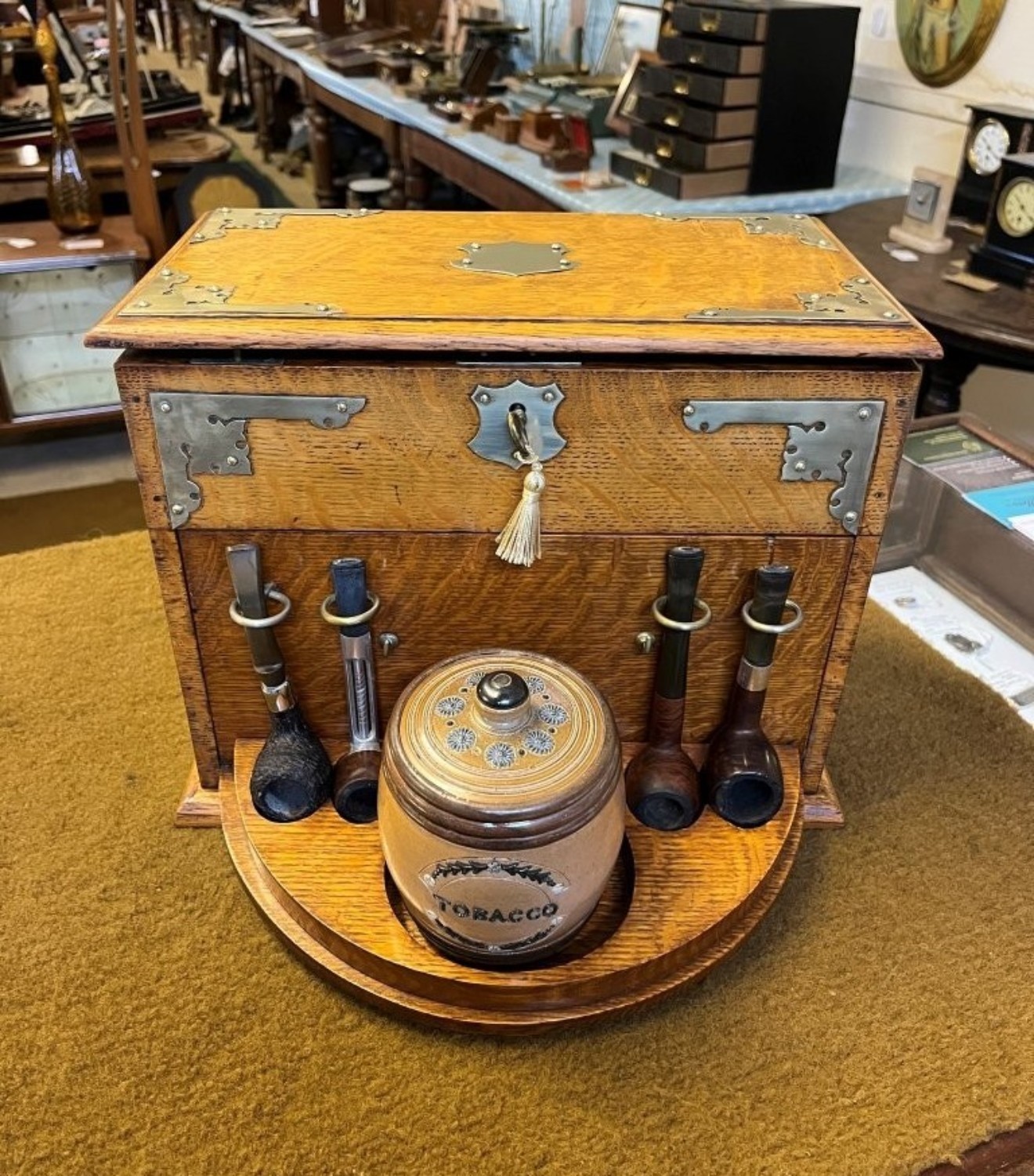 Edwardian Honey Oak Smokers Box with Internal Carousel and Storage Compartments