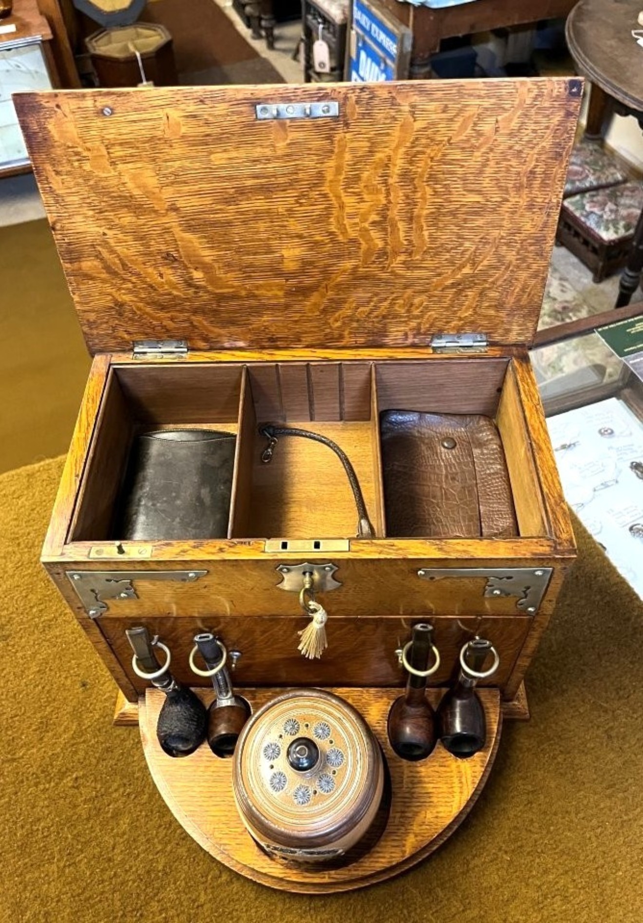 Edwardian Honey Oak Smokers Box with Internal Carousel and Storage Compartments
