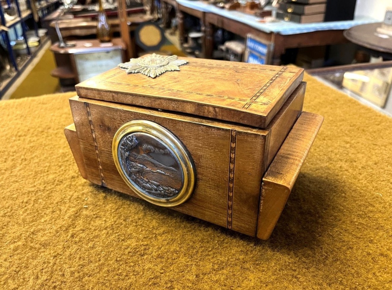 Vintage Musical Cigarette Box with Coldstream Guards Pagri Badge on Top