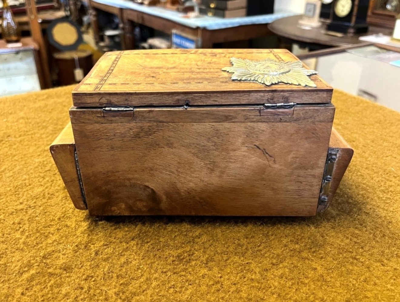 Vintage Musical Cigarette Box with Coldstream Guards Pagri Badge on Top