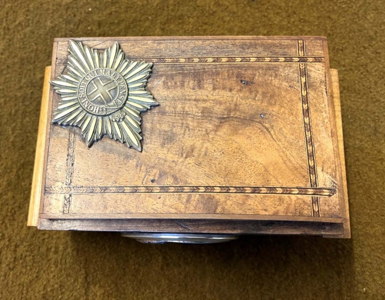 Vintage Musical Cigarette Box with Coldstream Guards Pagri Badge on Top