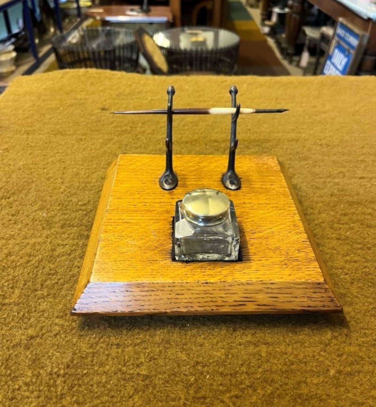 Antique Oak Inkwell / Pen Rest