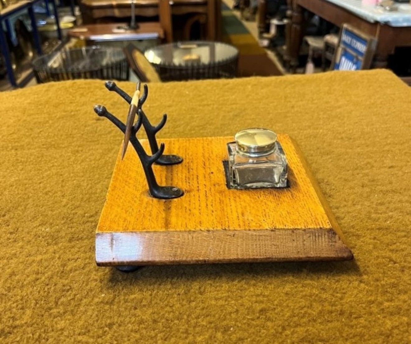 Antique Oak Inkwell / Pen Rest