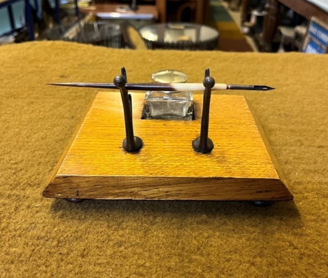 Antique Oak Inkwell / Pen Rest