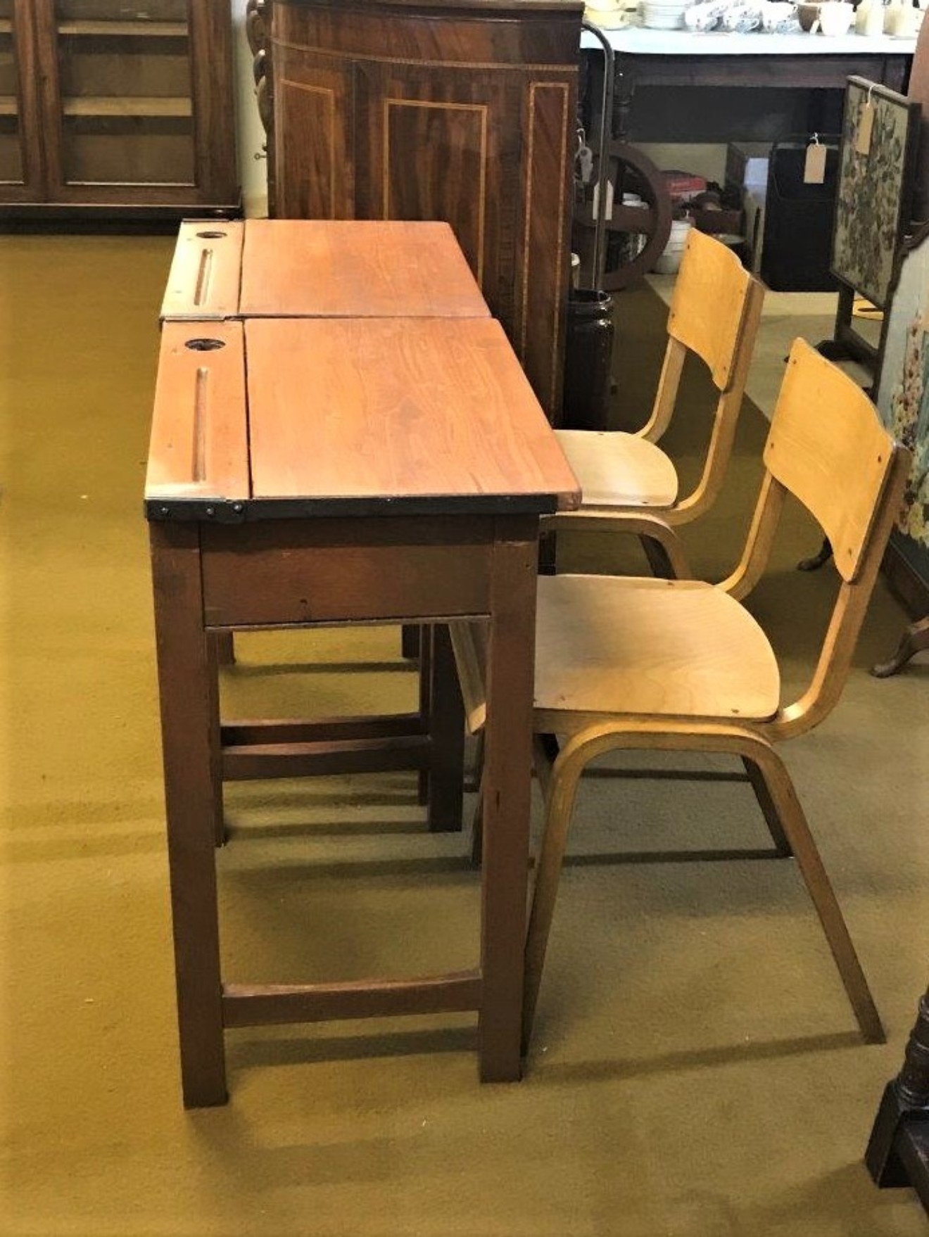 Pair 1950s School Desks & Chairs