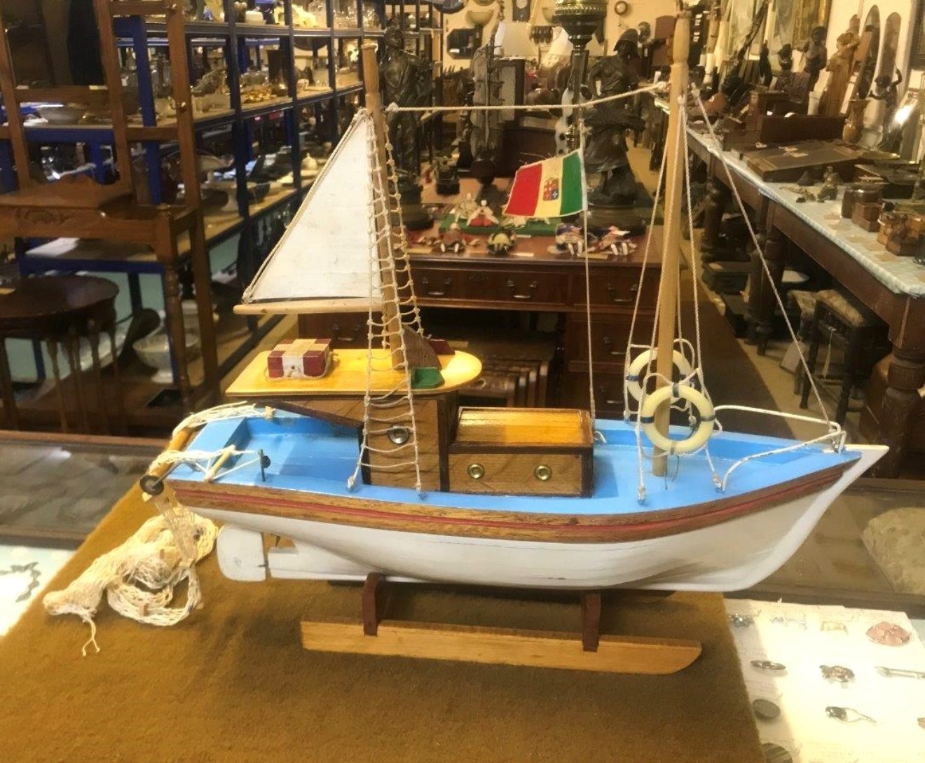 Vintage Wooden Scratch Built Model Fishing Trawler Complete with Trawl Nets