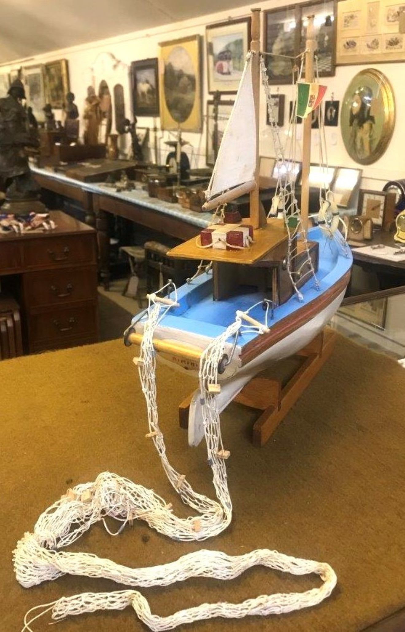 Vintage Wooden Scratch Built Model Fishing Trawler Complete with Trawl Nets