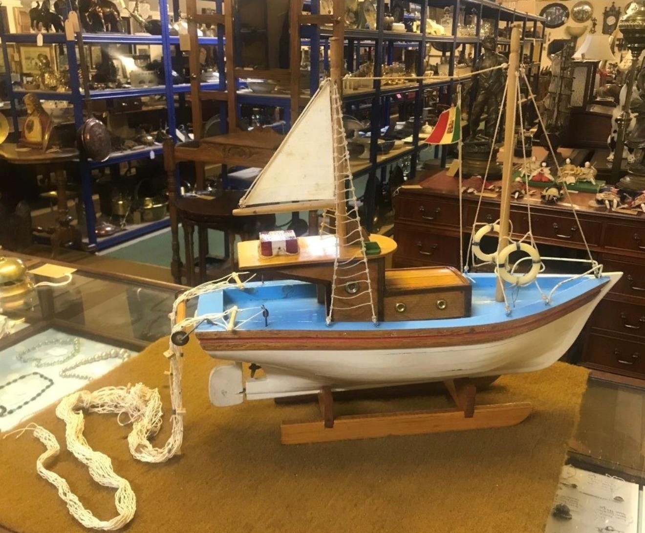 Vintage Wooden Scratch Built Model Fishing Trawler Complete with Trawl Nets