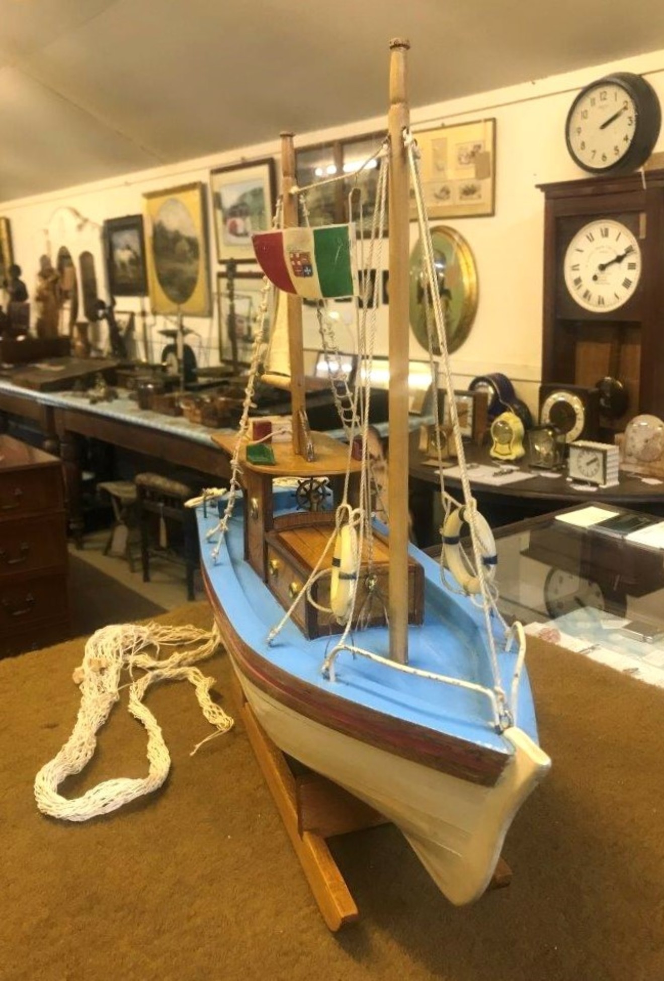 Vintage Wooden Scratch Built Model Fishing Trawler Complete with Trawl Nets