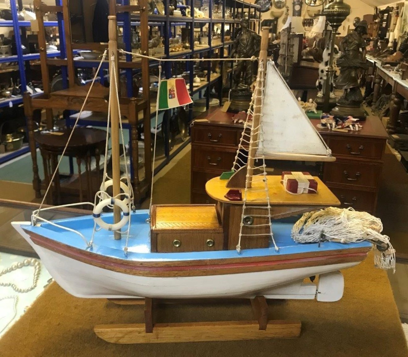 Vintage Wooden Scratch Built Model Fishing Trawler Complete with Trawl Nets