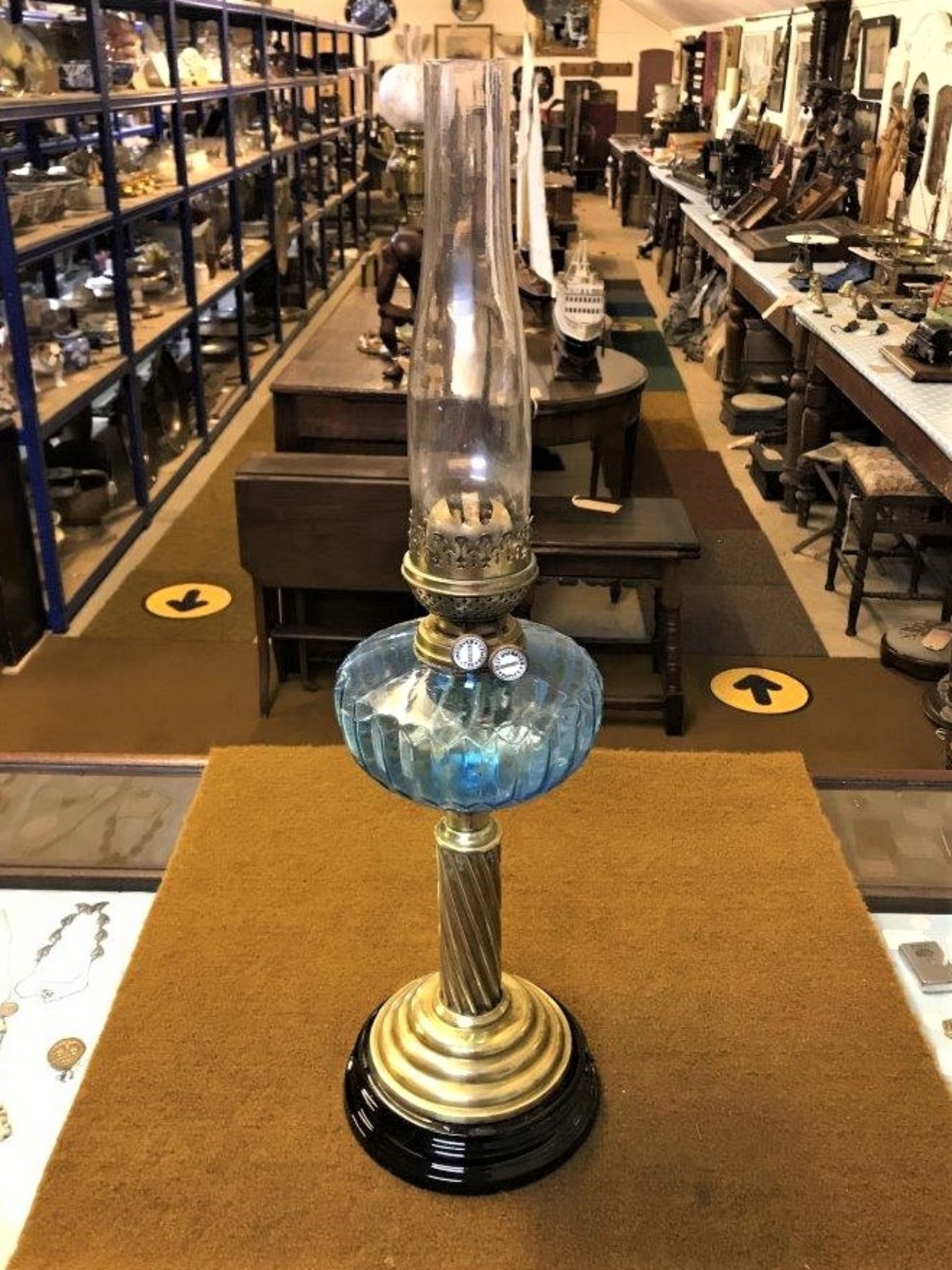 Antique Oil Lamp Blue Cut Glass Font Brass Twisted Column on a Circular Terracotta Glazed Plinth