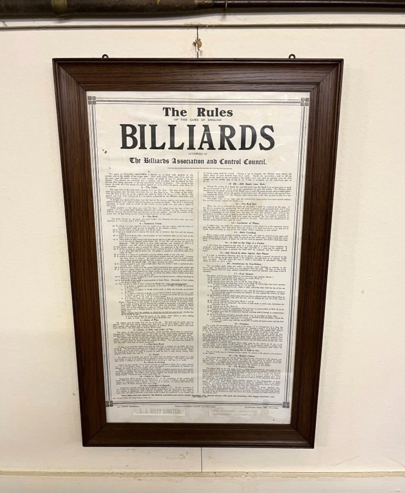 Vintage The Rules of Billiards in Original Oak Frame