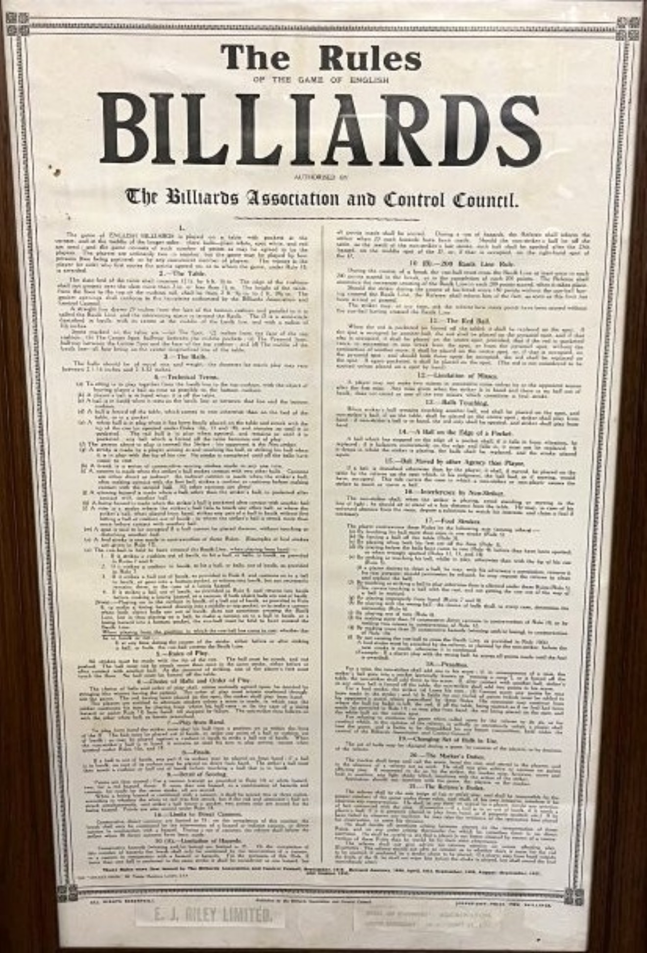 Vintage The Rules of Billiards in Original Oak Frame